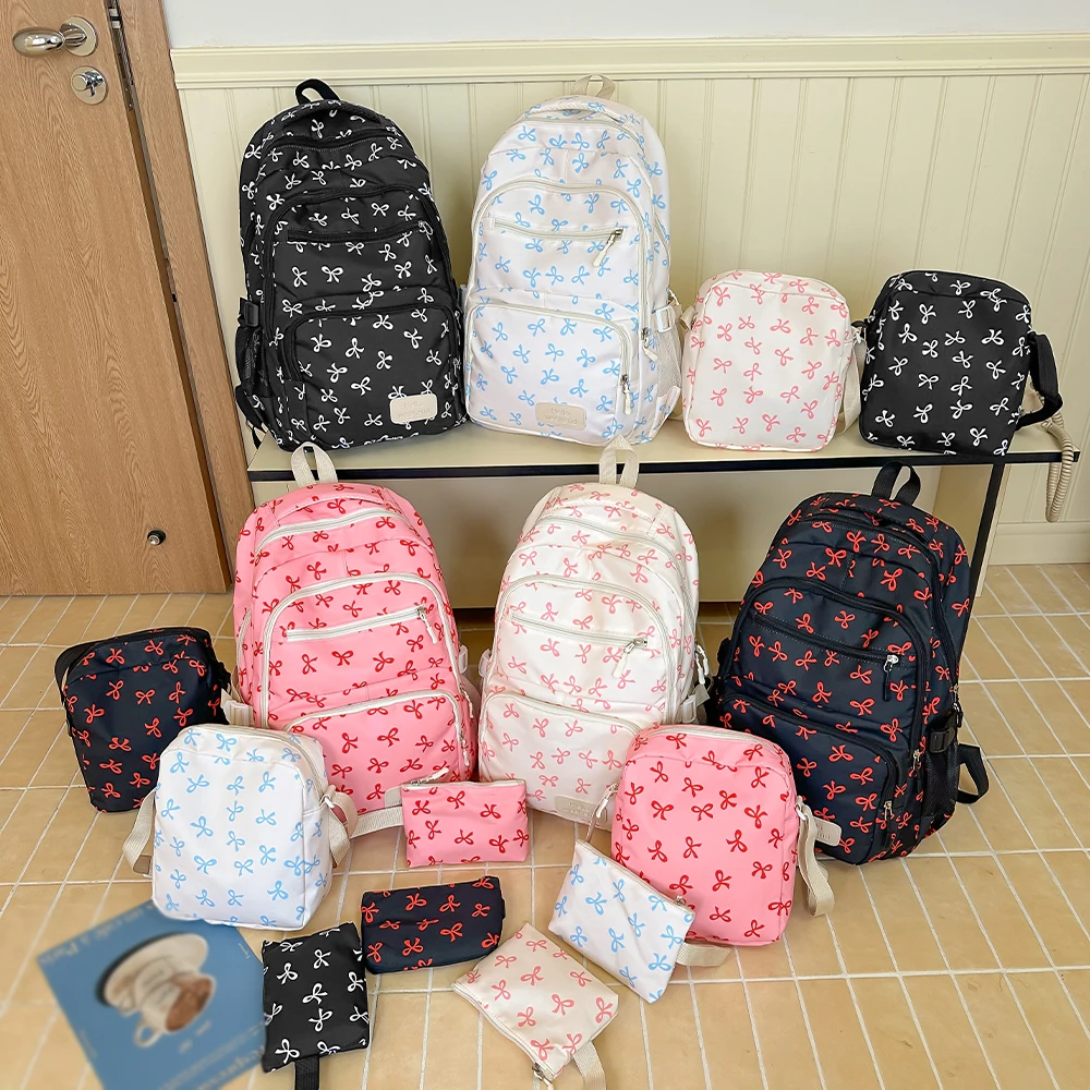 Mode coréenne nœud imprimé femmes mode sac à dos léger Simple étudiant cartable femme sac ensemble trois pièces
