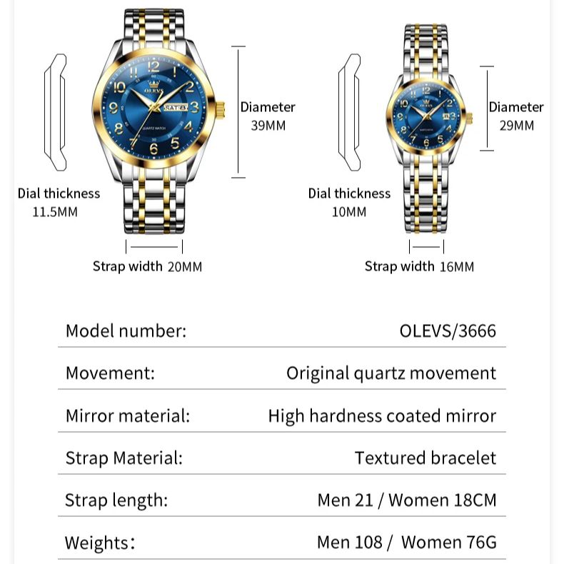 Olevs 3666 casal relógio de luxo marca relógio quartzo à prova dwaterproof água amante presente luz da noite clássico data semana relógio seu relógio