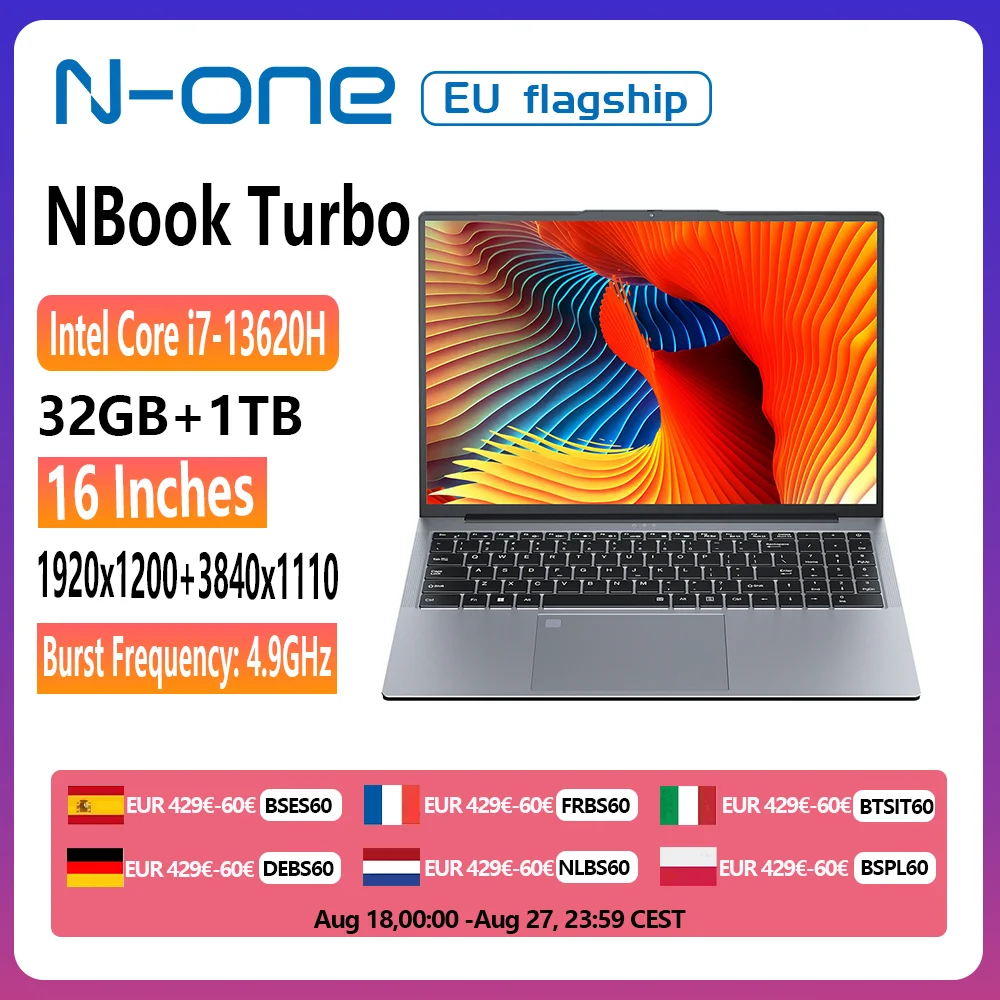 N-one NBook Turbo Intel i7-13620H 32 GB + 1 TB SSD Gaming-Laptop 16 Zoll 1920 * 1200, 5000 mAh, Wi-Fi 5, Bluetooth 4.2,10C/16T Computer