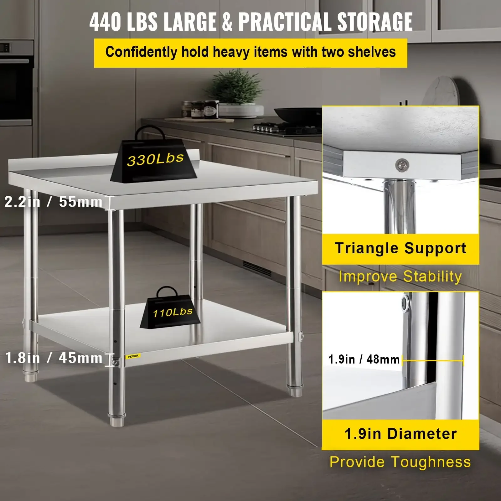 Stainless Steel Prep Table, 36 x 24 x 35 inch, 440lbs Load Capacity Heavy Duty Metal Worktable with Backsplash