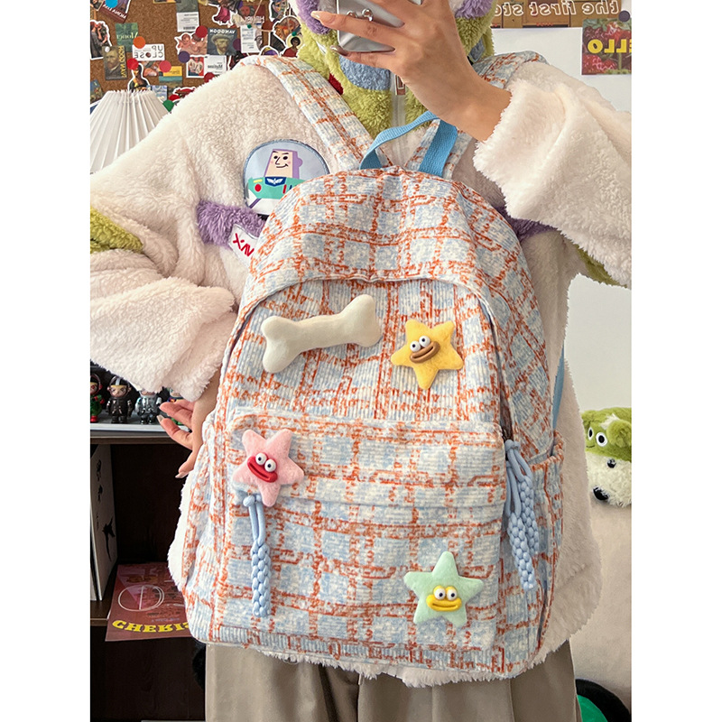 Cartoon Backpack Harajuku Checkered Backpack School Students Travelling Bag Female College Student Women Autumn Winter Schoolbag