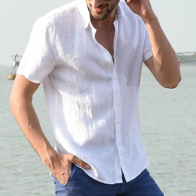 Camicie estive in cotone e lino per uomo Camicie casual a maniche corte Camicette Colletto rovesciato solido Camicie da spiaggia formali Abbigliamento maschile