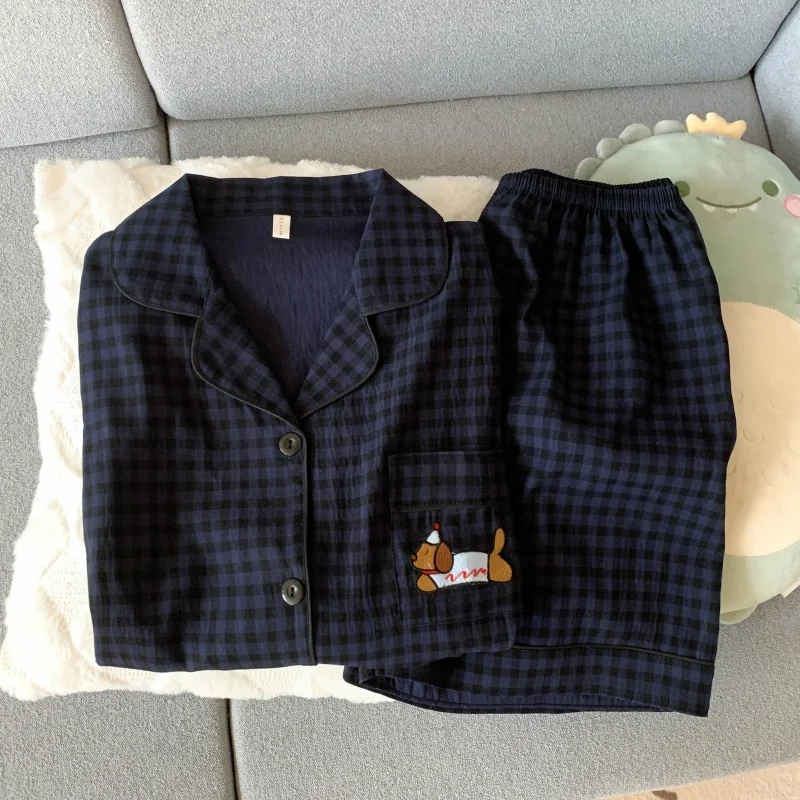 Bordado cão doce moda bonito pijamas conjunto para mulheres xadrez lapela pescoço cintura elástica design pijamas curto novo casual pijamas