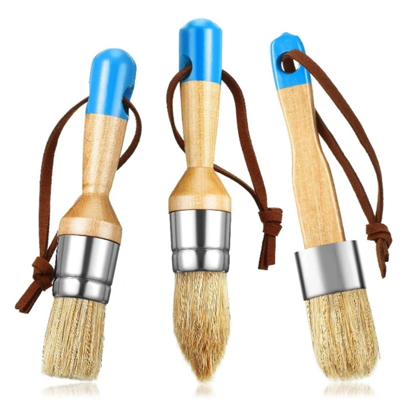 3ชิ้นแปรงสีชอล์กและขี้ผึ้งกลมแบนและแหลมใช้ซ้ำได้แปรงขนแปรงธรรมชาติด้ามไม้ทาสีและแว็กซ์เครื่องมือ