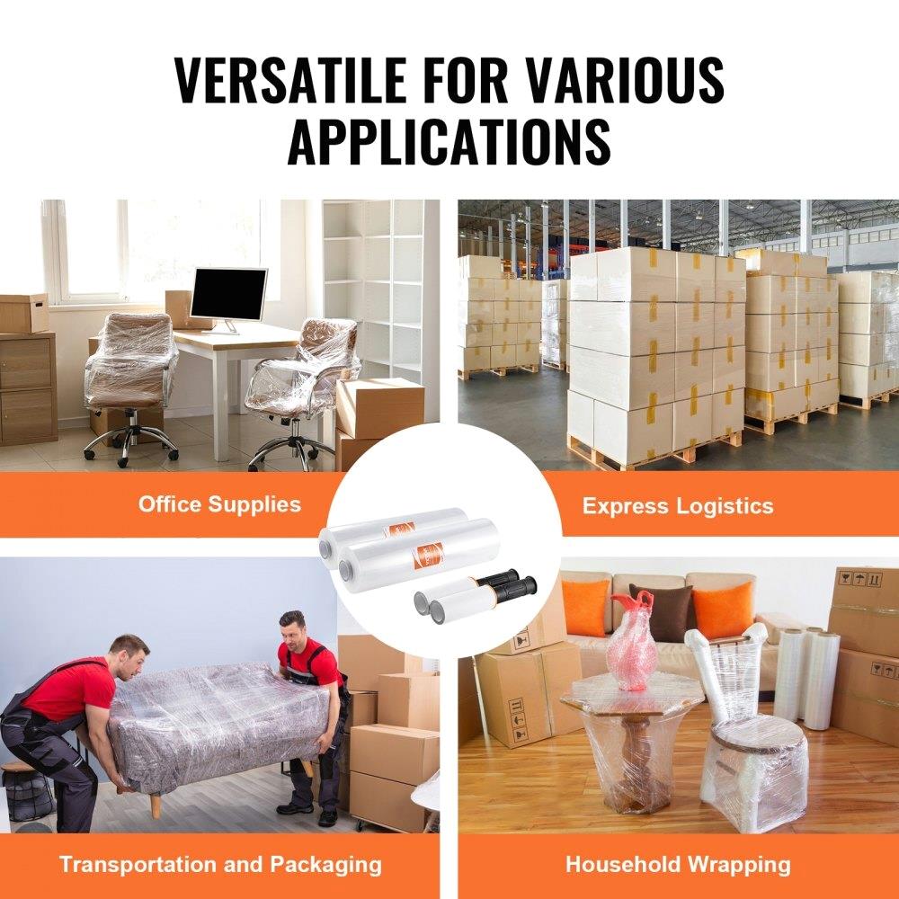 2-Pack 15 x 1200ft Heavy Duty Stretch Film - 80 Gauge Clear Wrap with Handles for Shipping, for pallet Wrapping & Moving