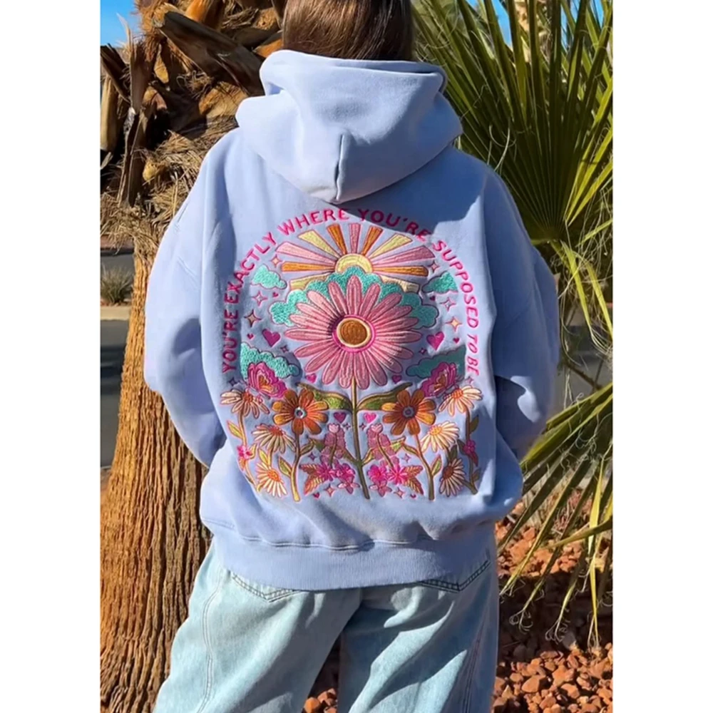 Combhasaki feminino y2k carta floral bordado pulôver com capuz aconchegante elegante manga comprida moletons soltos com bolso canguru
