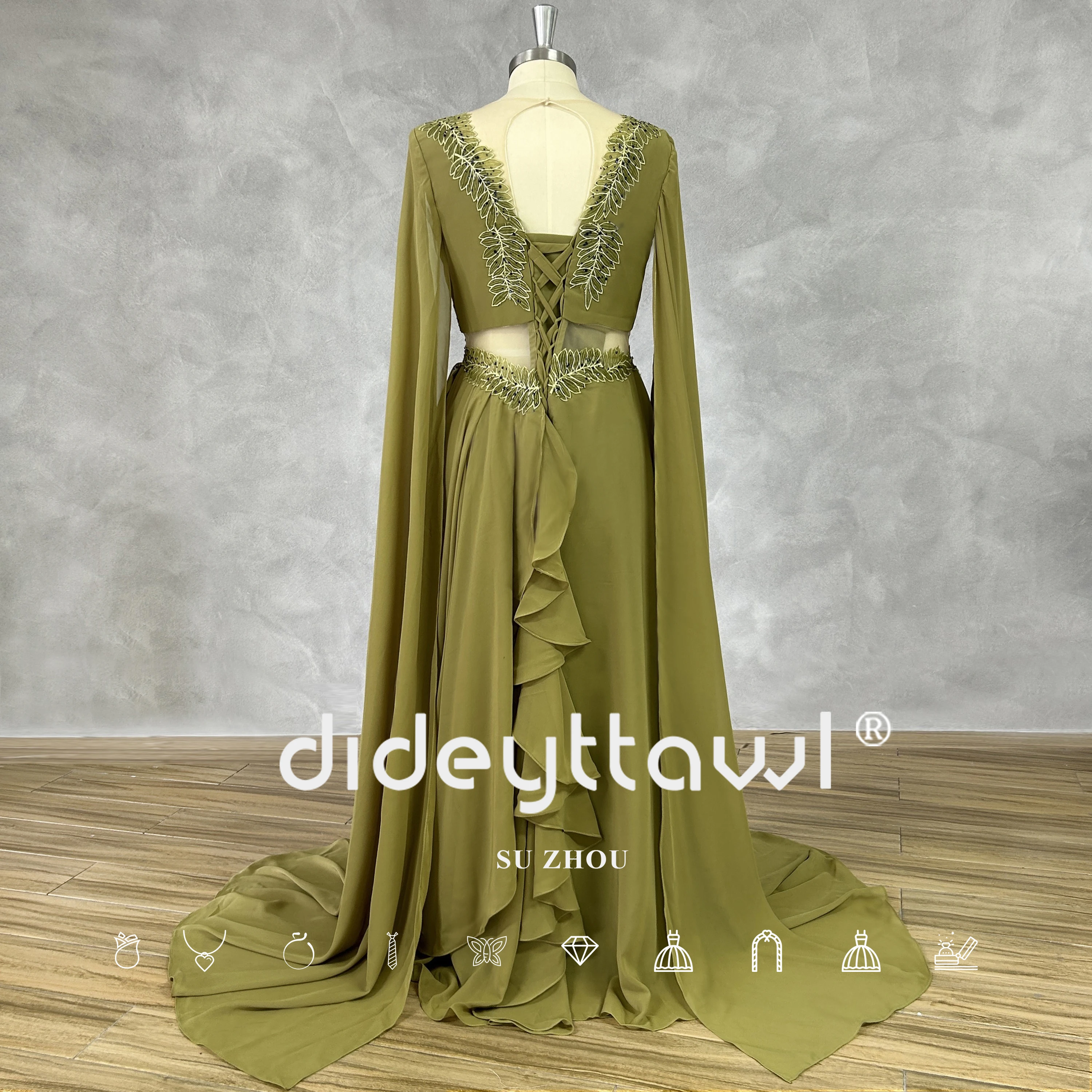 DIDEYTTAWL 브이넥 컷 아웃 긴팔 무도회 원피스, 실제 사진, 에라스 투어 리프 아플리케, A 라인 티어 레이스업 백 이브닝 가운