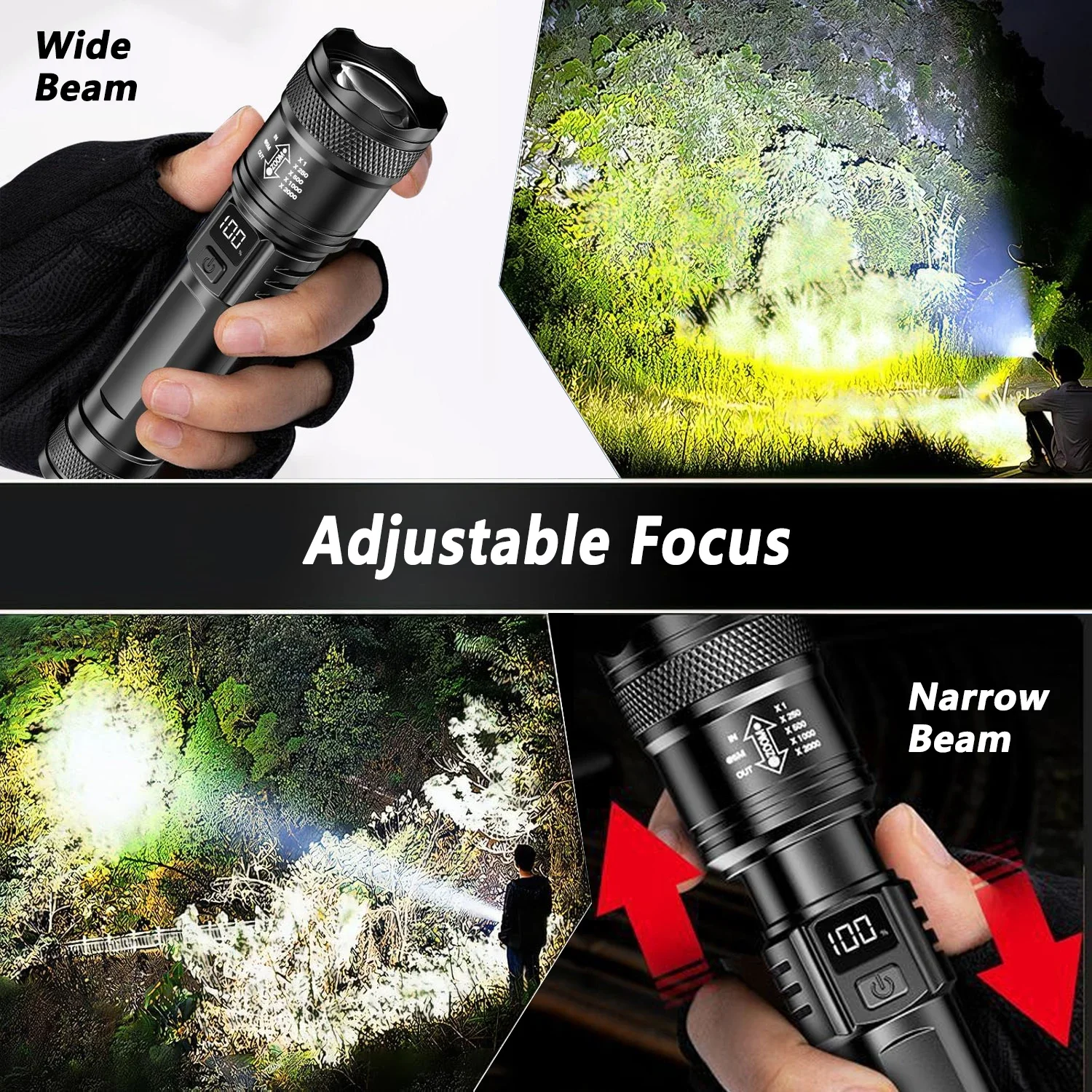 Lanterna led recarregável com zoom, tocha com display lcd, 3 modos, à prova d'água, alta potência, luz manual, acampamento ao ar livre