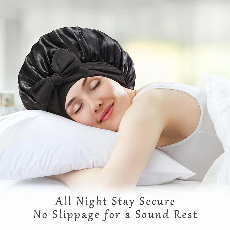 Novo chapéu de dormir feminino de cetim sólido com faixa de gravata elástica touca de banho noturna ajustável capa de cabeça de cabelo turbante