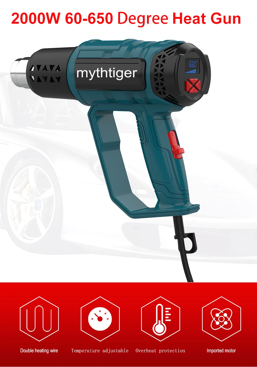 220V EUPLUG 산업용 히트 건 헤어 드라이어 건설 2000W 뜨거운 공기 총 납땜 용 공기 건조기 열 송풍기 수축 포장