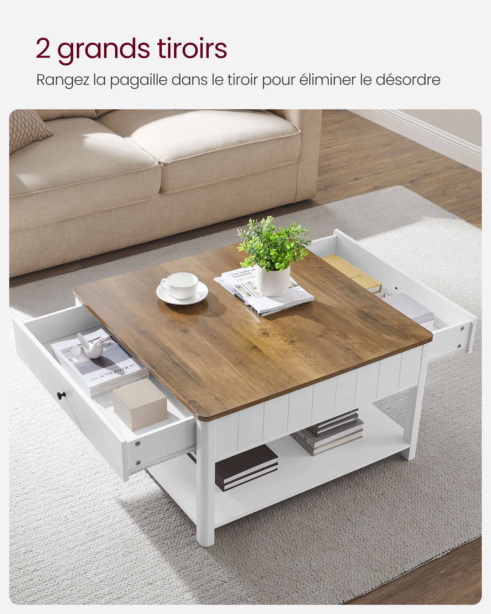 VASAGLE Table Basse, Table de Salon, Table d’Appoint, 2 Grands Tiroirs, avec Pieds, Grand Espace de Rangement, Style Marin, 80 x 80 x 45 cm, pour Salon
