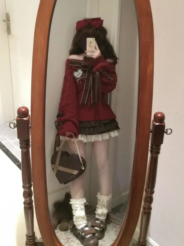 Lazy Bow Off Shoulder Long Sleeve Loose Knitted Sweater Tops+ High Waist Ruched Skirts 2025 Autumn New Two Piece Sets
