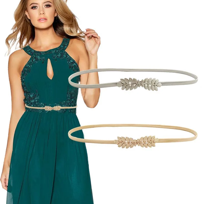 Elastic Gold Chain เข็มขัดผู้หญิงเอวโลหะเงินเข็มขัด Leaf ยืดเข็มขัดสีทองชุดกระโปรง Riem SKinnny