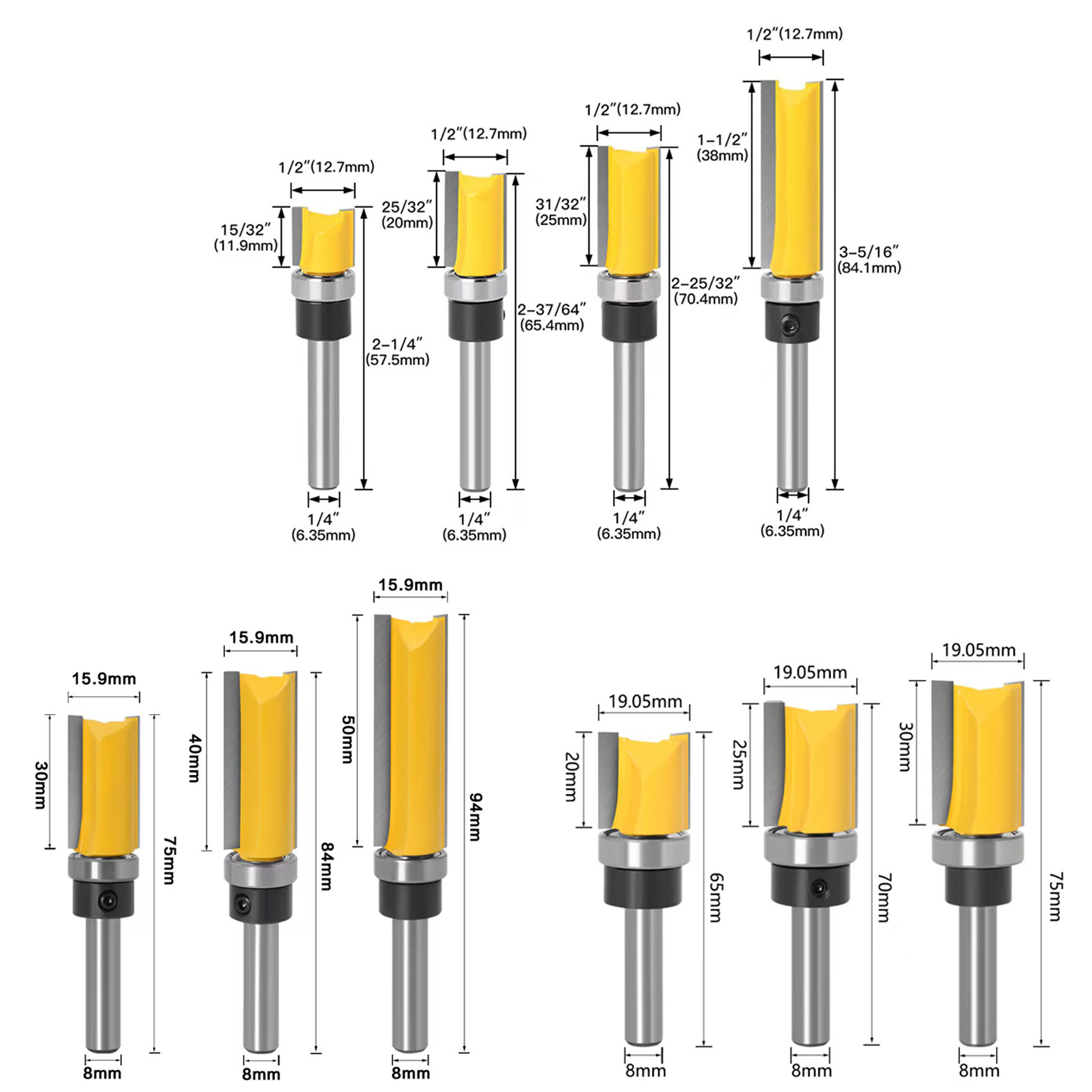 1/4′′ 8mm Schaft Long Blade Flush Trim Router Bit mit Lager für Holz Schablone Muster Bit Wolframkarbid Fräser