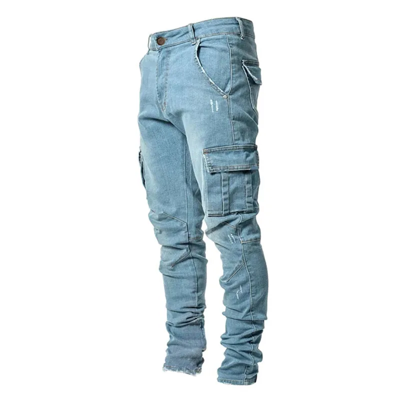 Herbst Winter Neue männer Kleidung Einfarbig Stretch Multi-Tasche Dünne Hosen Schlank Abnehmen Denim Cargo Hosen Jeans