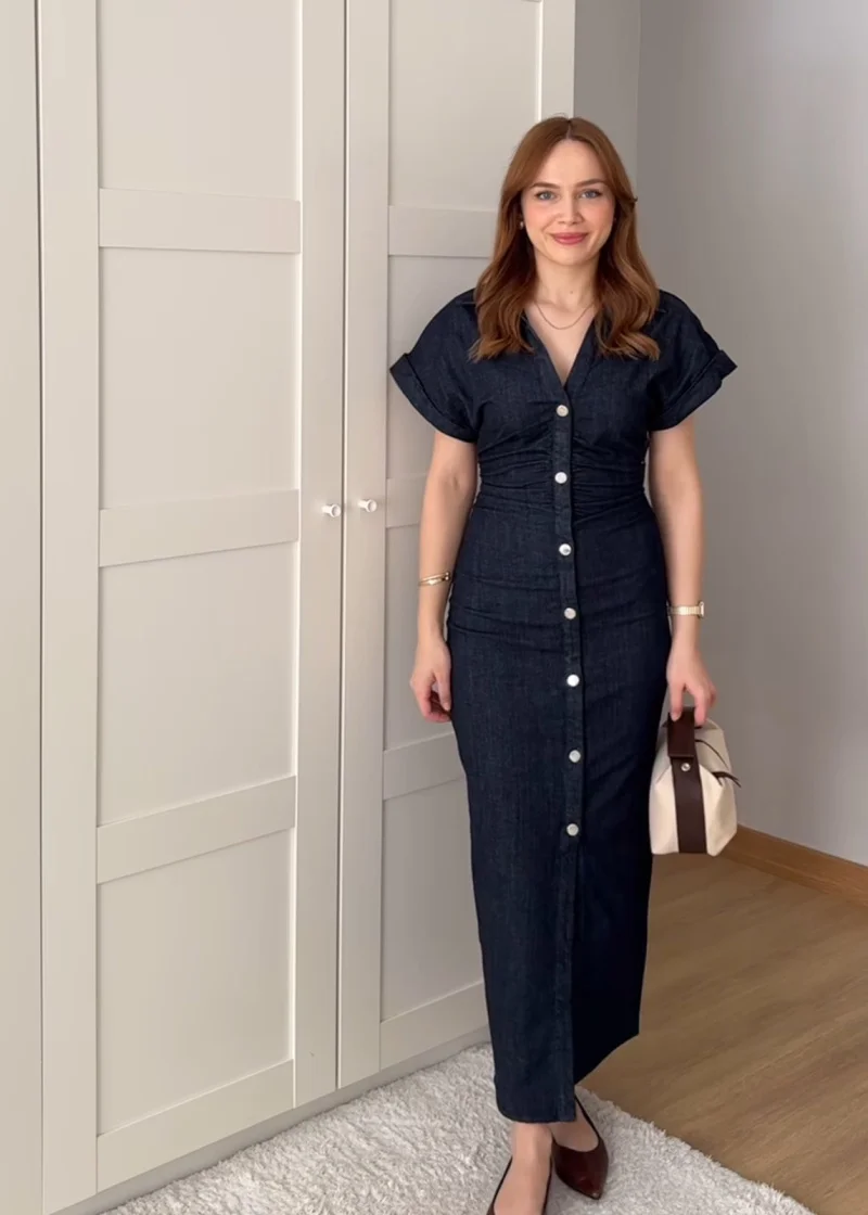 ETJ 2025 Frühjahr Neues Denim-MIDI-Kleid der 1975-Serie mit Revers und seitlichem Reißverschluss, modisches, schlankes, elegantes Kleid mit Faltenbund