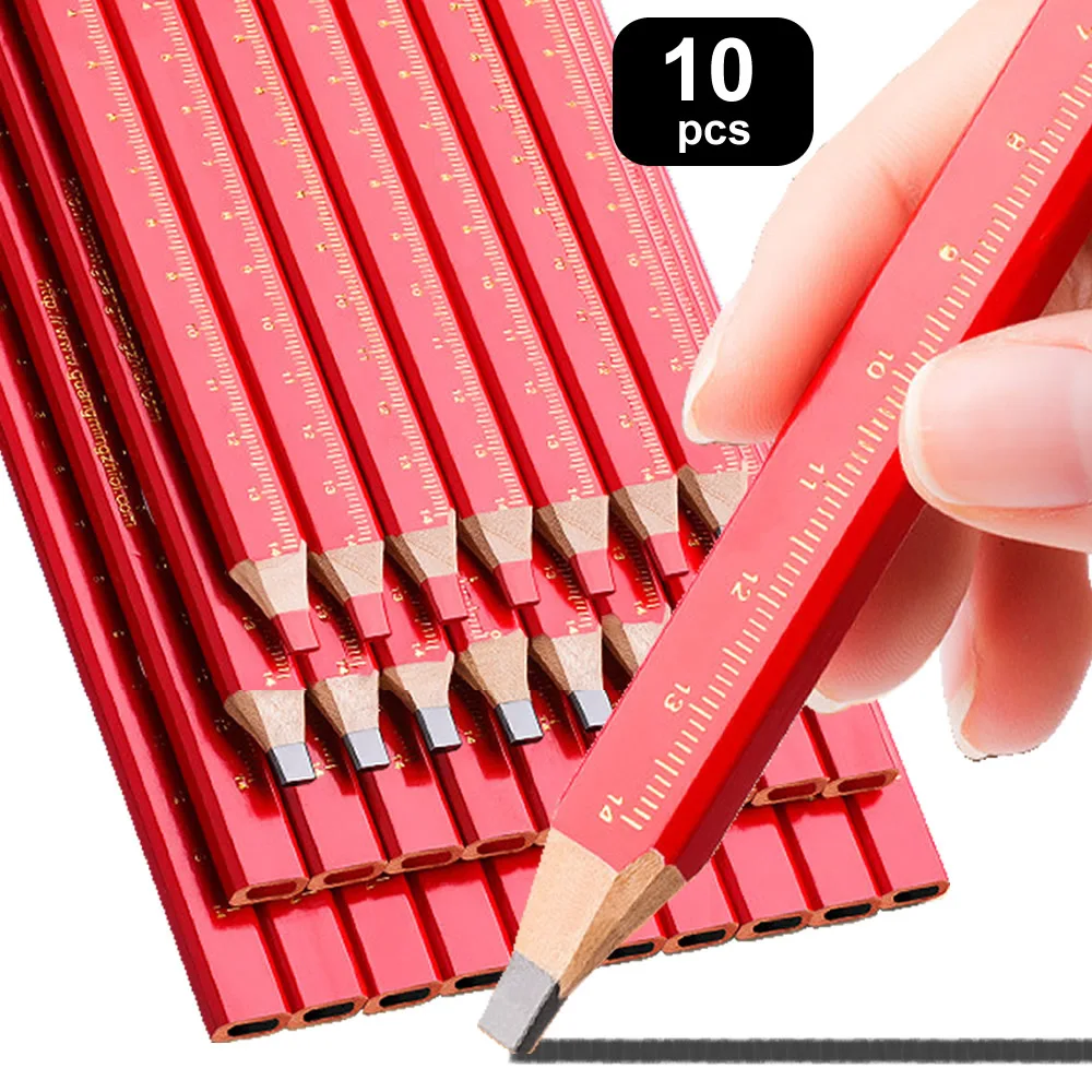 10 Stück Holzbearbeitungsstifte, spezielle Markierung von Arbeiten, spezieller Flachkopf-Stift, Holz, schwarz, achteckig, rot, quadratisch, Zeichnungslinien