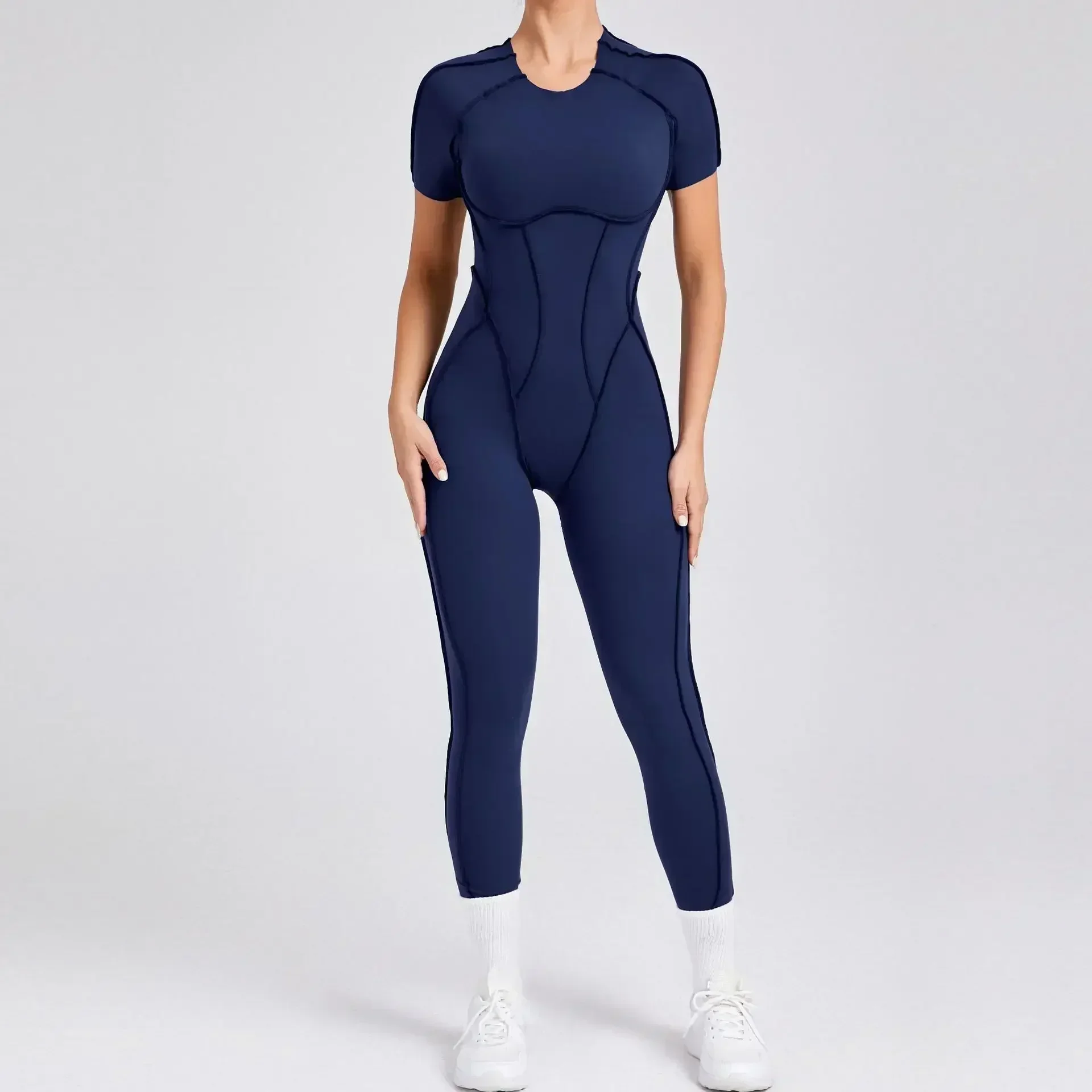 Monos de Yoga sin costuras para mujer, mallas deportivas para Fitness, levantamiento de cadera, Espalda descubierta, manga corta, entrenamiento de una pieza, chándales para gimnasio