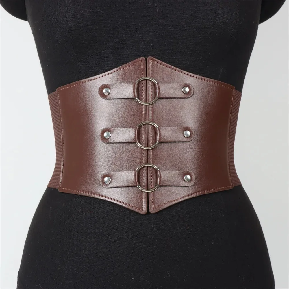 Cinto de espartilho gótico elegante, fivela tripla com rebite preto, cintura elástica waspie para mulheres punk, perfeito para casacos