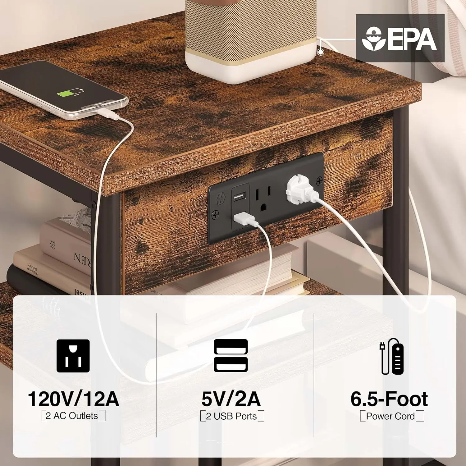 End Table with Charging Station, Nightstand with 3 Storage Shelves, Narrow Side Table with USB Ports & Power Outlets,