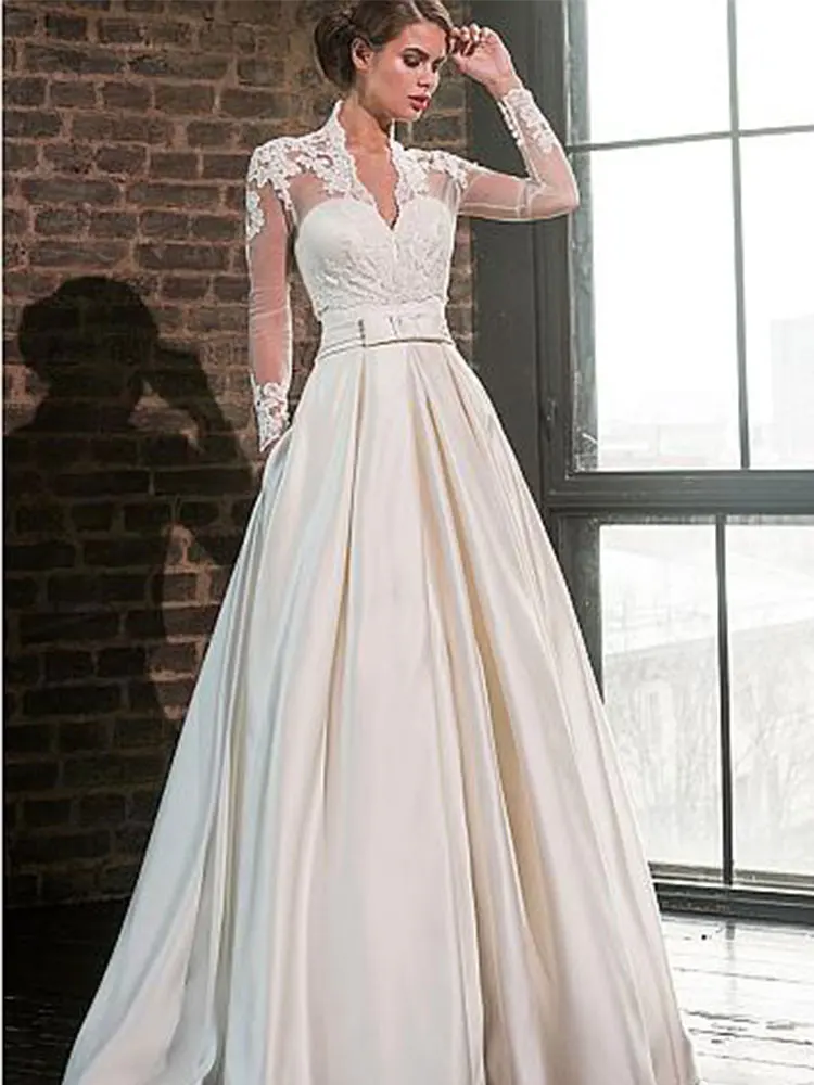 Abiti da sposa in raso con scollo a cuore 2 pezzi con giacca in pizzo con scollo a V A-line manica lunga 2 in 1 Abiti da sposa principessa Robe de Mariee