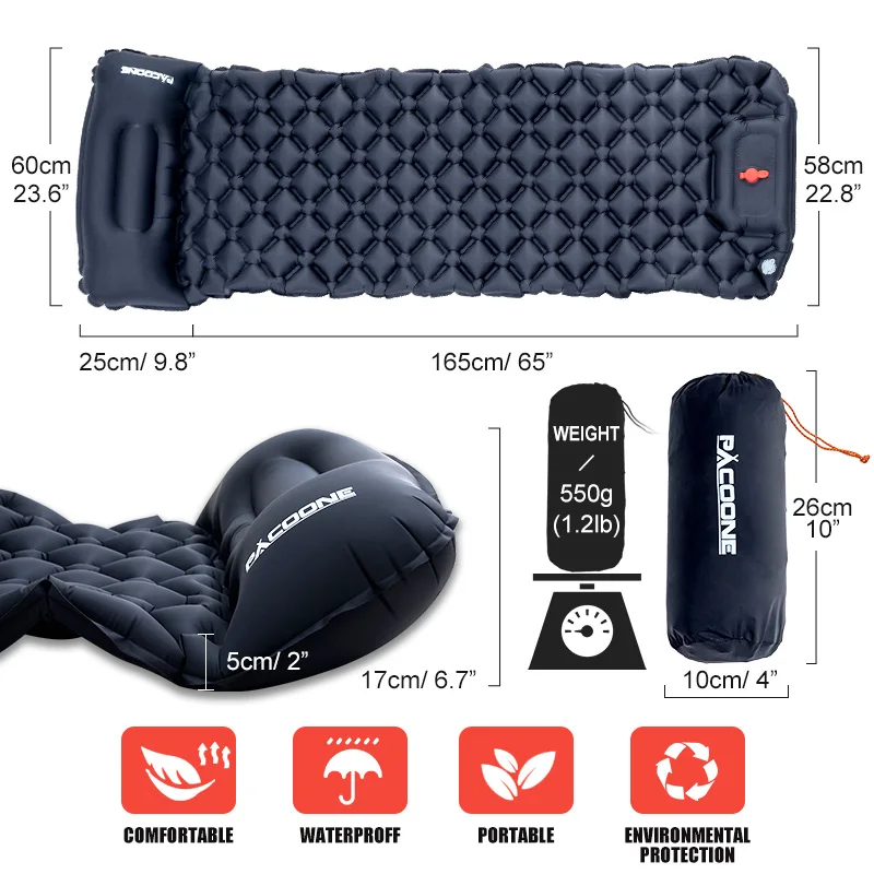 PACOONE-colchón inflable para acampar al aire libre, colchoneta de viaje con reposacabezas para Trave, cojín de aire ultraligero, bomba integrada