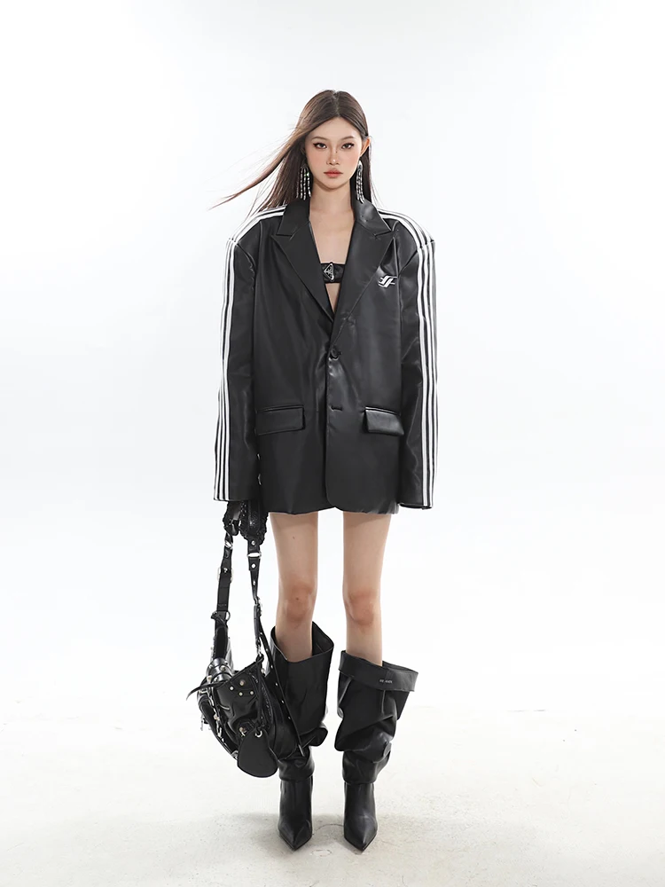 Tannt-女性用ストライプレザーコート,シングルブレスト,長袖,ルーズ,レジャー,ロング,秋,2022