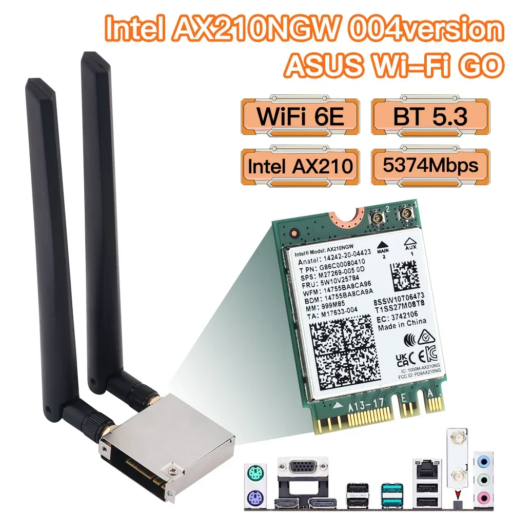 Сетевой адаптер Intel AX210 ASUS, Wi-Fi, 6E, беспроводной, Bluetooth 5,3, 5374 Мбит/с, Wi-Fi карта для Asus B550, X570, антенна с высоким коэффициентом усиления