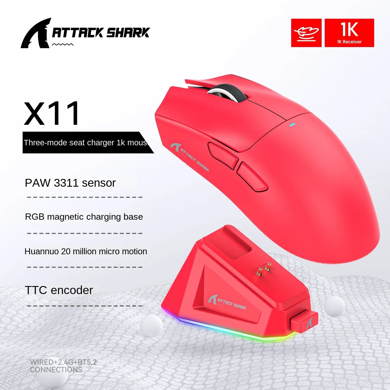 Attack Shark X11 PAW3311 ratón Bluetooth, conectividad de modo Triple, base de carga magnética táctil, ratón para juegos ultraligero