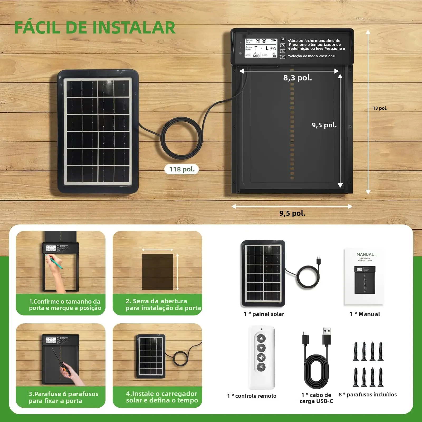 Porta automática de galinheiro movida a energia solar com display LCD, porta automática de galinha com temporizador e sensor de luz - Controle remoto