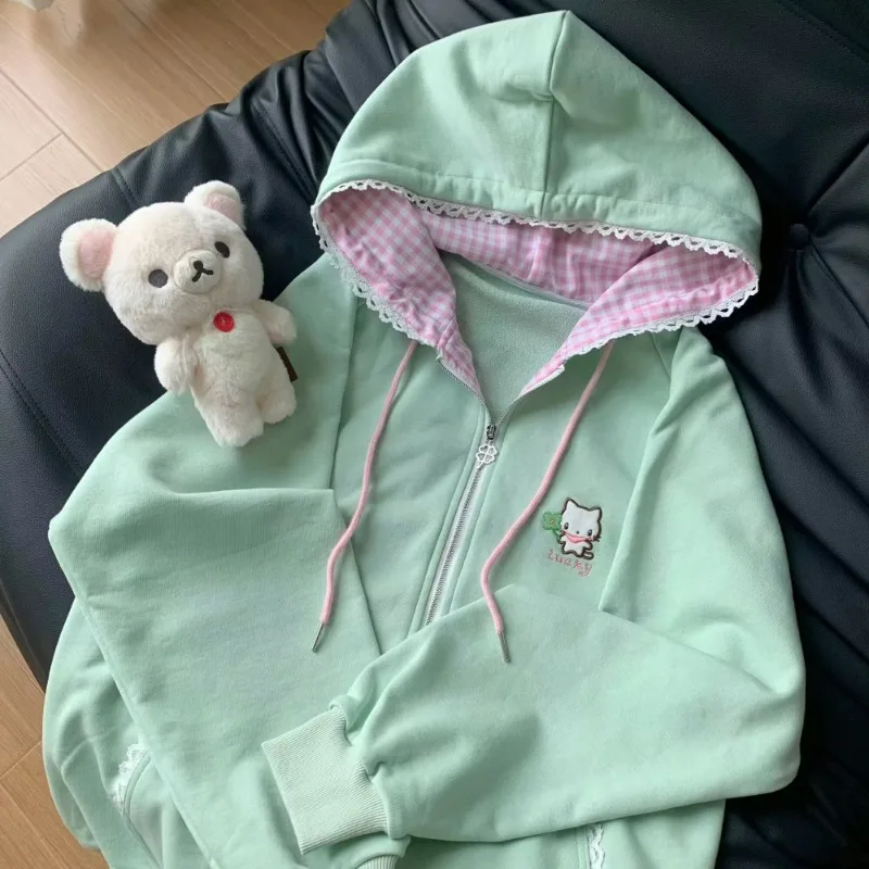 Harajuku coreano kawaii casaco com capuz feminino fino manga longa com zíper cardigan y2k streetwear novas jaquetas soltas de comprimento médio