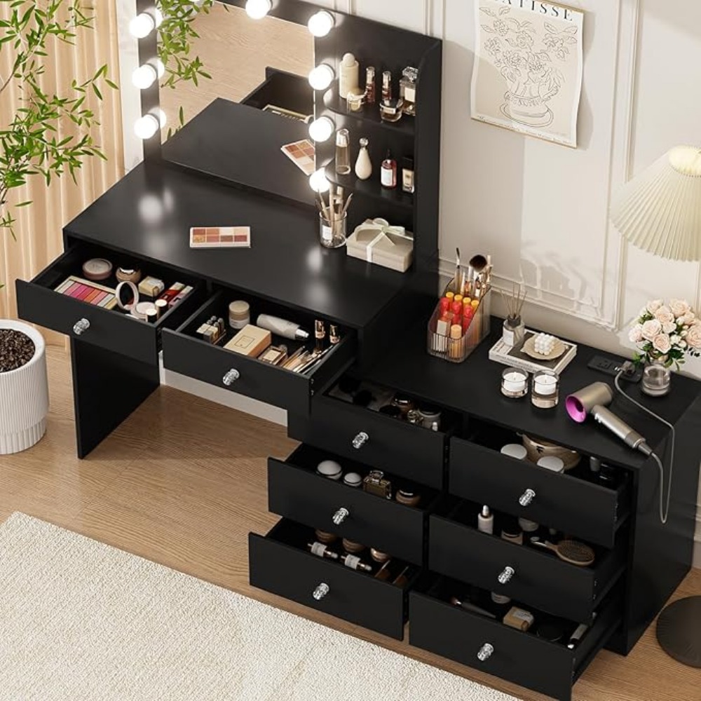 Vanity with Lighted Mirror - 47"Makeup Vanity Desk with8Drawers3Storage Shelves and Outlet, 3 Color Lighting Modes, Makeup Desk