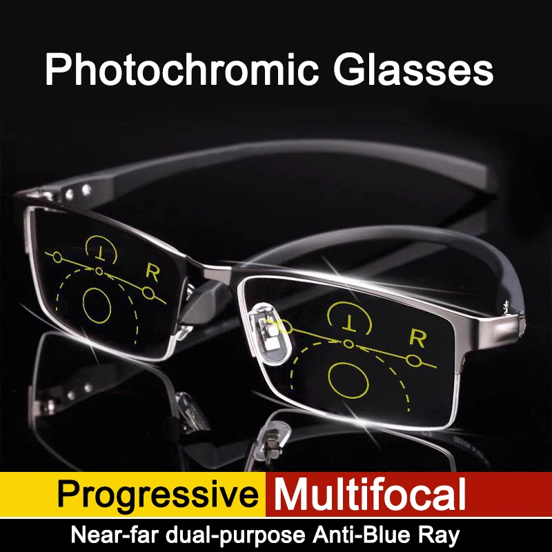 Gafas de lectura fotocromáticas progresivas de transición de titanio para hombres, hipermetropía, presbicia, dioptrías, lentes para presbicia al aire libre