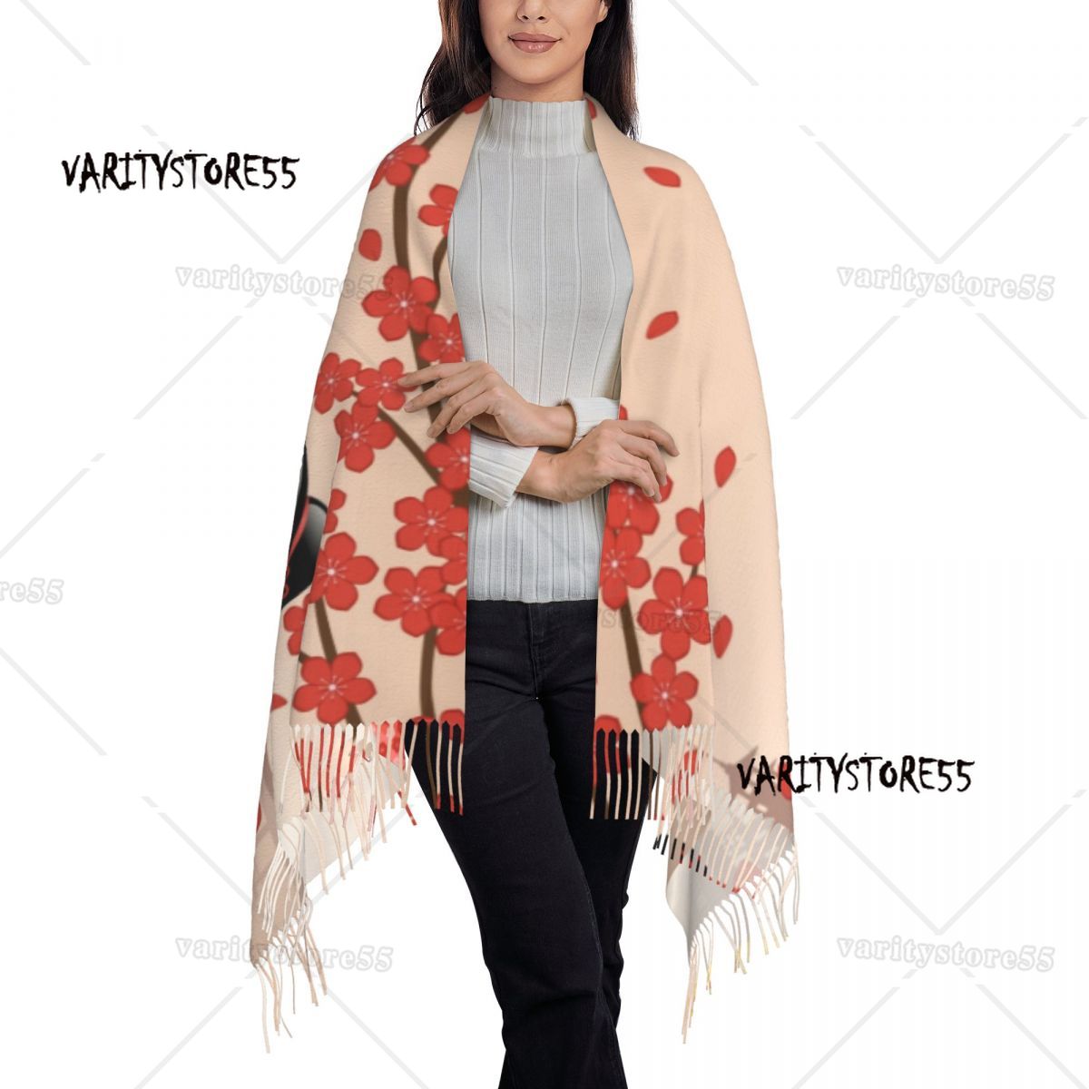 Benutzerdefinierter Druck japanischer roter Sakura Kokeshi Puppe Schal Damen Herren Winter Herbst warme Schals süße Girly Kirschblüten-Tücher Wraps