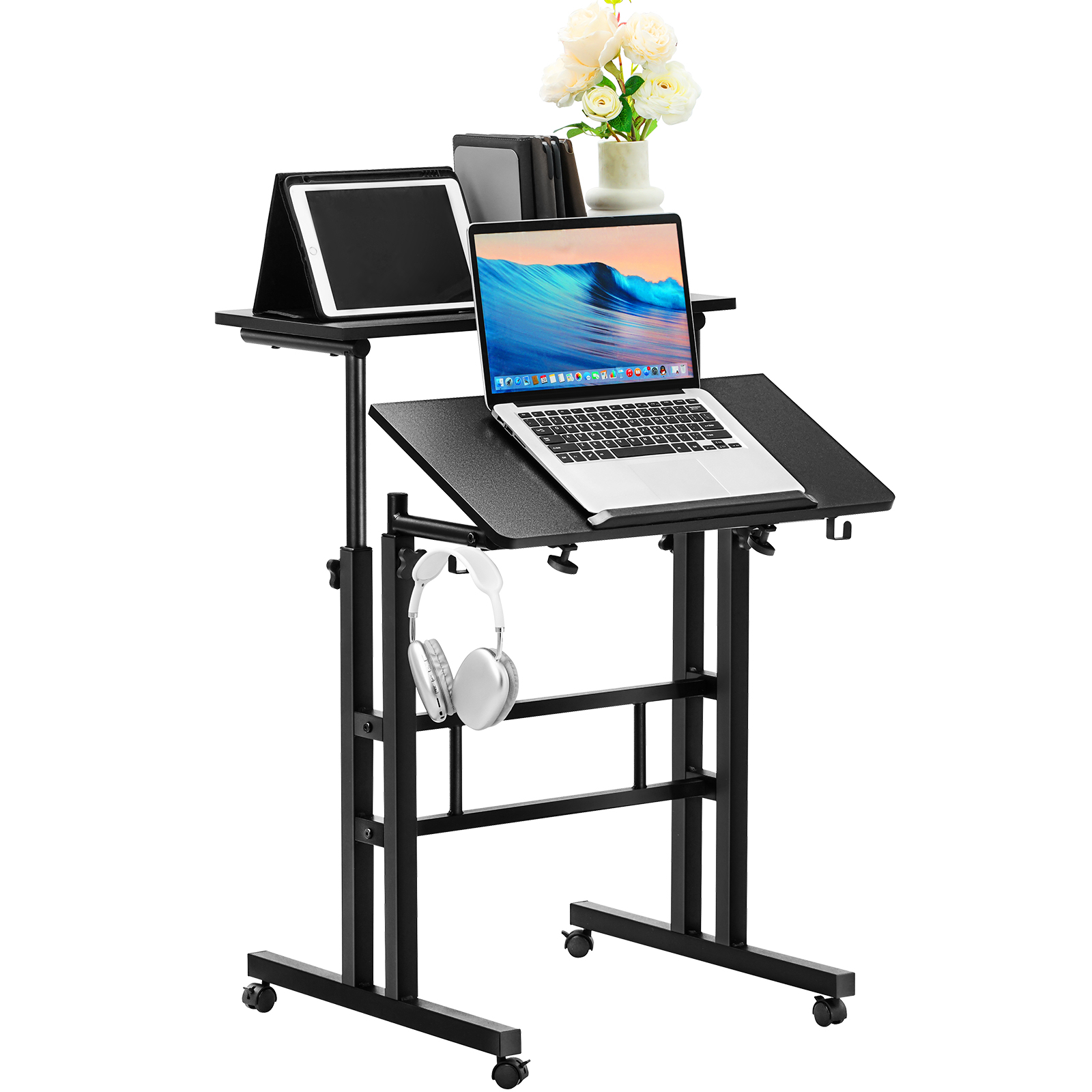 VEVOR Laptoptisch Höhenverstellbar 670–1140 mm Notebooktisch Projektionstisch, Weiß Laptoptisch Rollbar 600 x 600 mm Mobiler Schreibtisch Pflegetisch Computerschreibtisch Workstation Doppelschicht