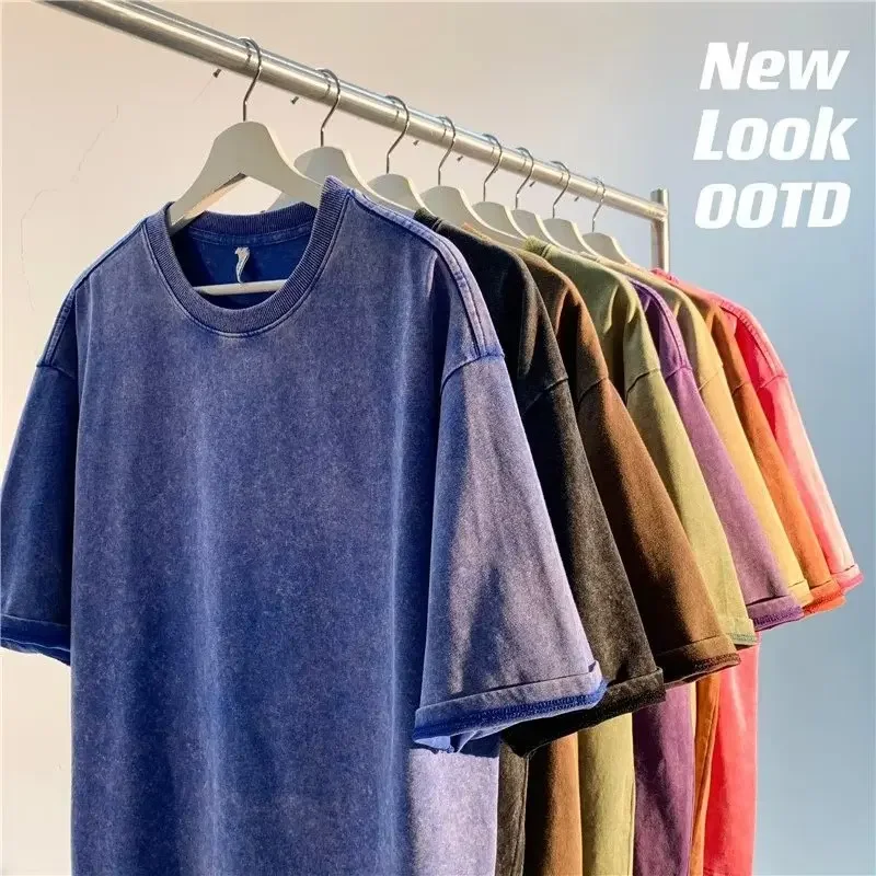 Amerikanischen Stil Retro Schwergewicht Einfarbig Kurzarm T-shirt Männer Frauen Sommer Straße Trendy Gewaschen Alte Übergroße Kleidung