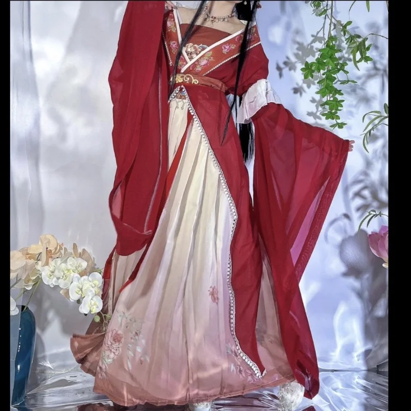Retro สไตล์จีนสีแดง Vestido Hanfu ชุดคอสเพลย์ผู้หญิงแบบดั้งเดิมพิมพ์กระโปรงยาว 5 ชิ้นชุดสาวปาร์ตี้ชุดกระโปรง