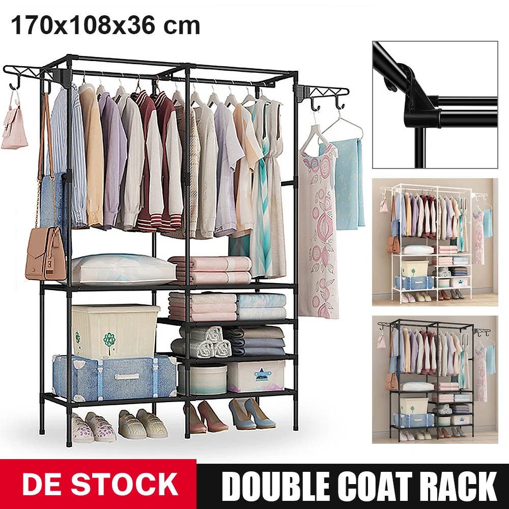 Double-Rod Clothes Rack Clothing Hanger With Hooks Hanging Clothe Organizer For Bedroom Movable Coat Hats Hook Simple Rod