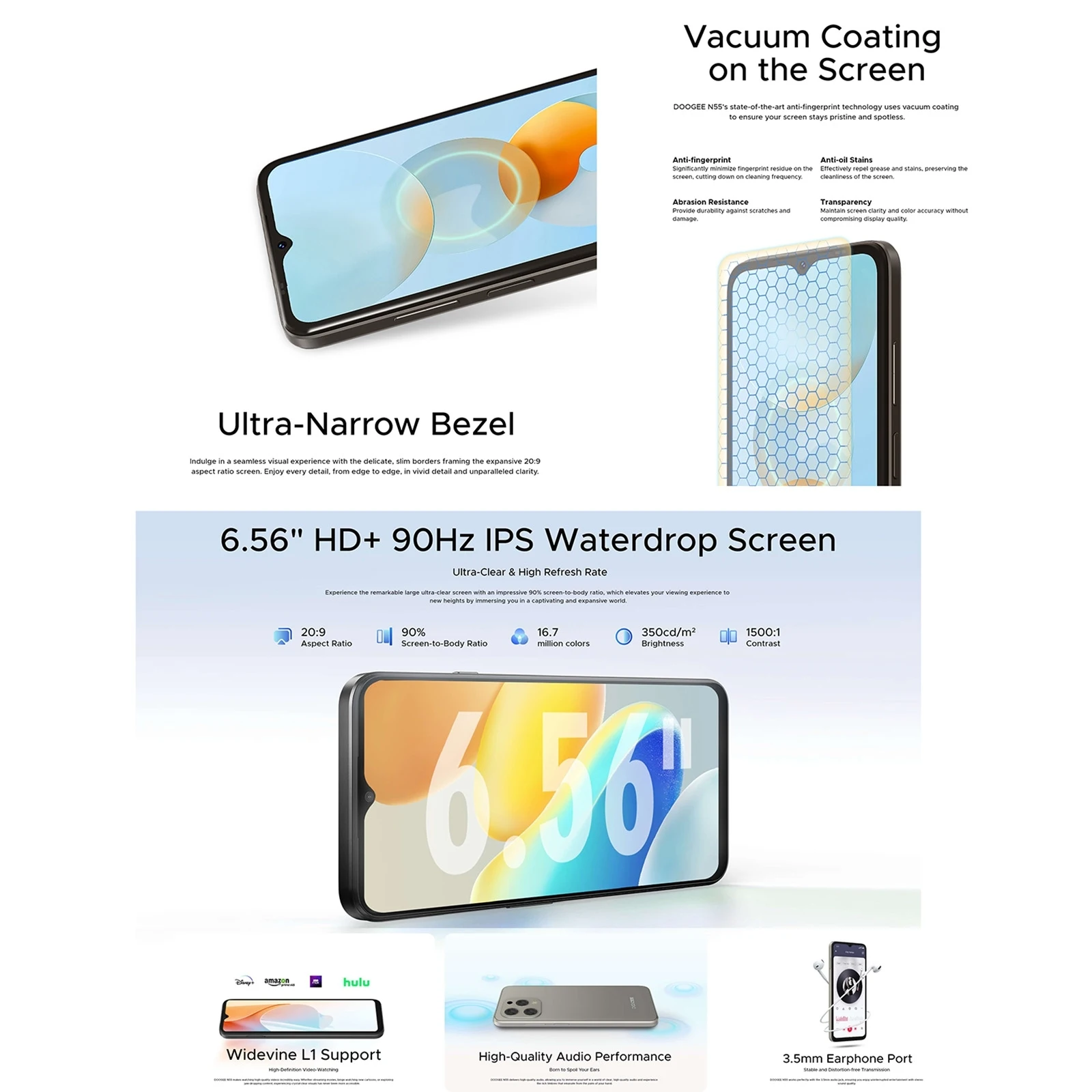 Doogee-smartphone N55, Android 14, 9 GB, 4 GB, 5 GB, 128 Go, gekwalificeerde herkenning Ontgrendelscherm IPS 90 Hz