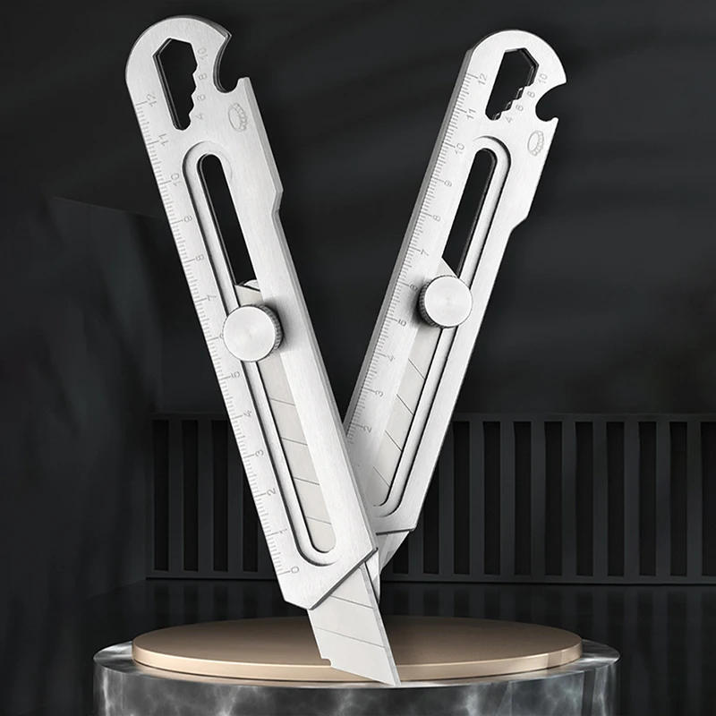 Cortador de regla de cuchillo multiusos, cortador a presión retráctil de acero inoxidable, cuchillo y cuchillas, herramienta de medición manual