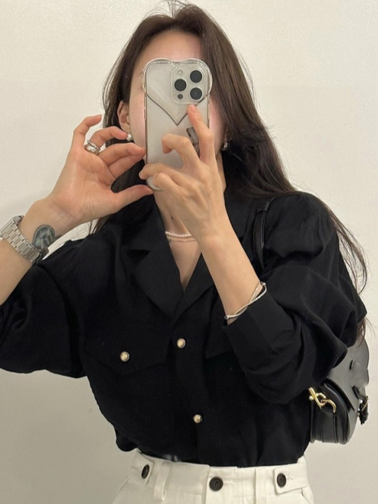 Vintage Sle Women's Loose Fit Shirt Autumn Season French Sle Long Sleeve Casual Top Elegant Personali Suit Collar Design