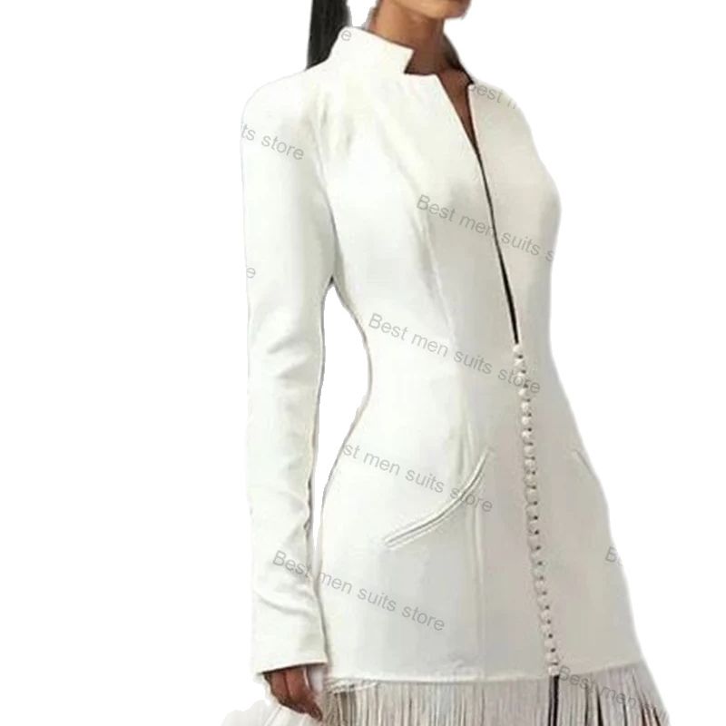 White Tassel Women Suit 1 Piece Long Blazer Wedding Tuxedo Luxury Tassel Jacket Tailored Full Sleeves Office Lady Coat