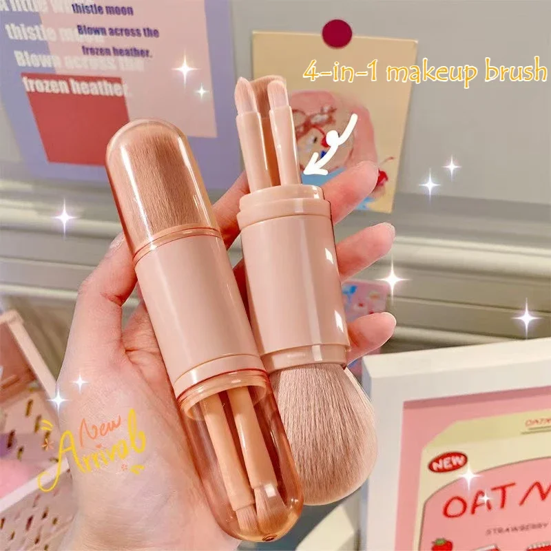 Brocha de maquillaje multifuncional retráctil portátil, brocha para colorete con tapa, juego de brochas para sombra de ojos en polvo suelto 4 en 1, Mini brocha suave