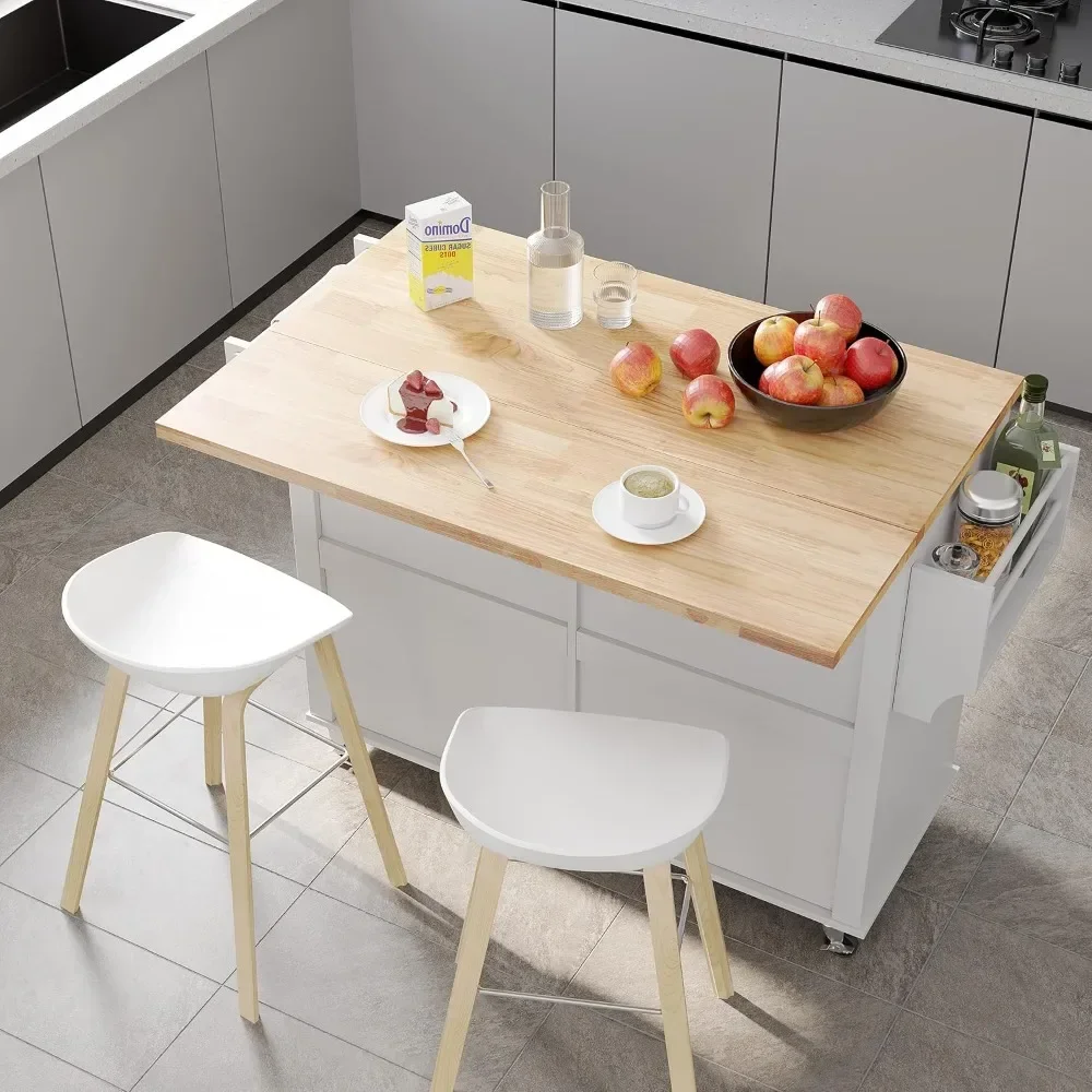 Kitchen Cart with Wood Top and Drop Leaf Breakfast Bar, Rolling Mobile Kitchen Island Table on Wheels with Drawer