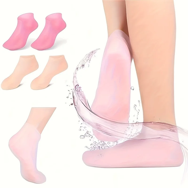 Meias hidratantes de silicone para pés, 2 pacotes, para pés secos e rachados - com loção corporal, massagem calmante, kit de cuidados com pedicure