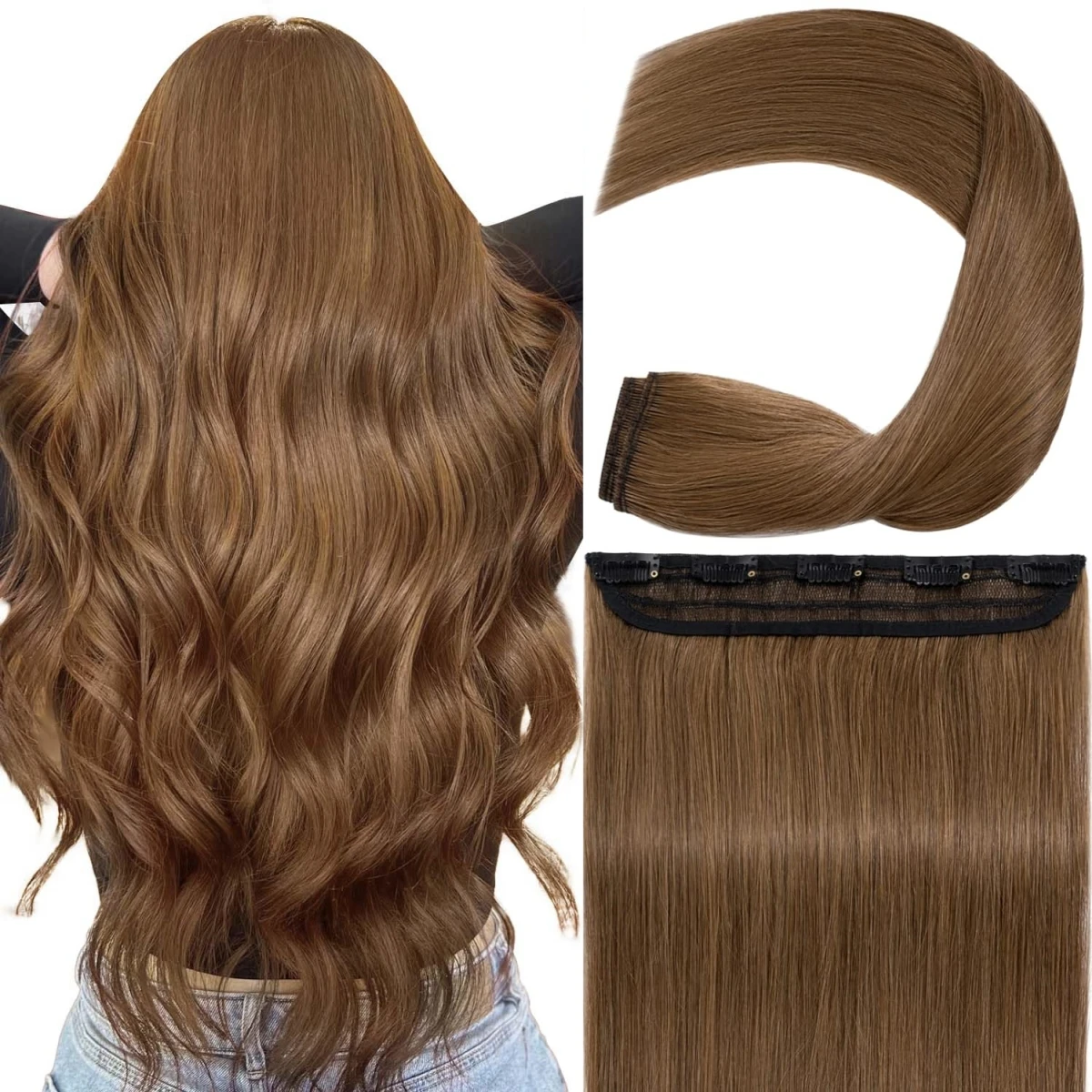 # 6 hellbraune, knochengerade Clip-in-Haarverlängerungen, 1 Stück, 5 Clips, einteiliger Clip-in-Echthaarverlängerungen für den ganzen Kopf, 100 g/Set