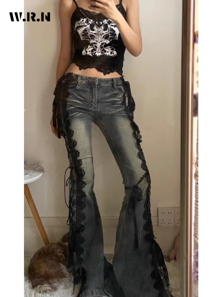 Retro Oogjes Lace Up Flare Jeans Stitch Lace Snorharen Laagbouw Split Bootcut Broek Vrouwen Bell Bottoms Streetwear Y2k Esthetische