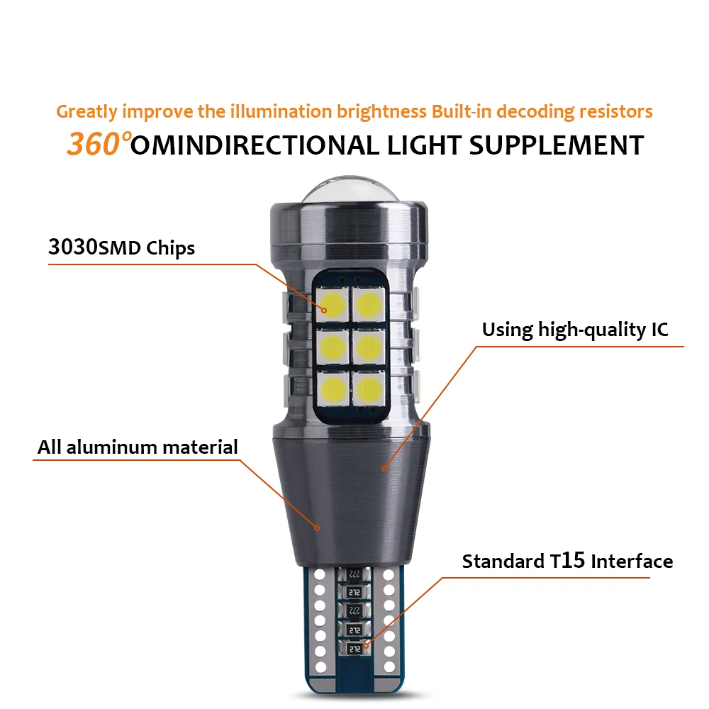 Lâmpada de sinal conduzida t15 w16w, 12v, brilhante super, 3030, 27smd, canbus, luz branca, 12v, 2pcs