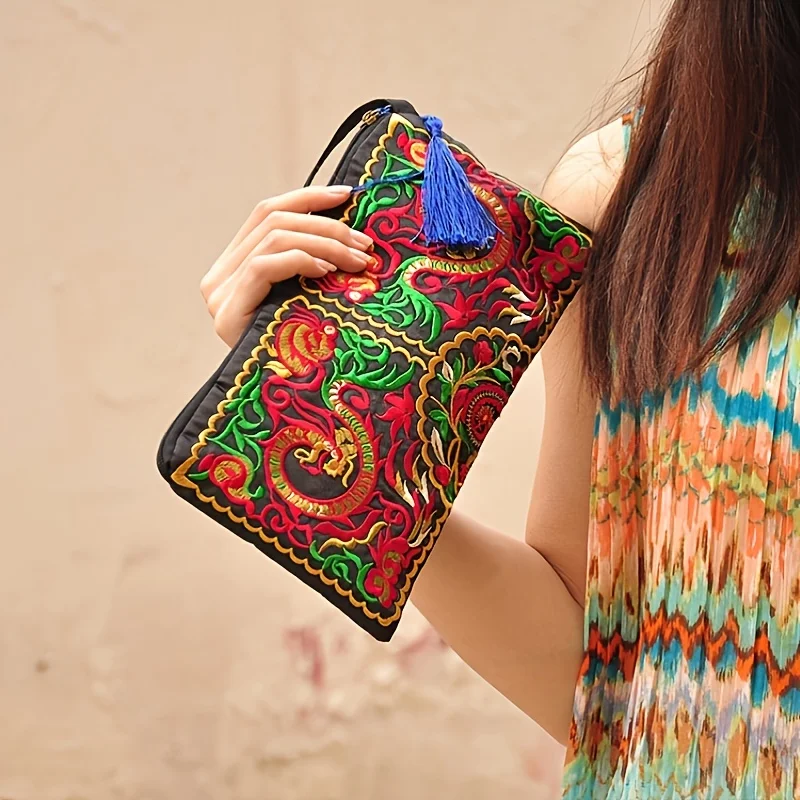 Pochette da polso con portafoglio lungo ricamato in stile etnico vintage con tessuto floreale e tasca per telefono