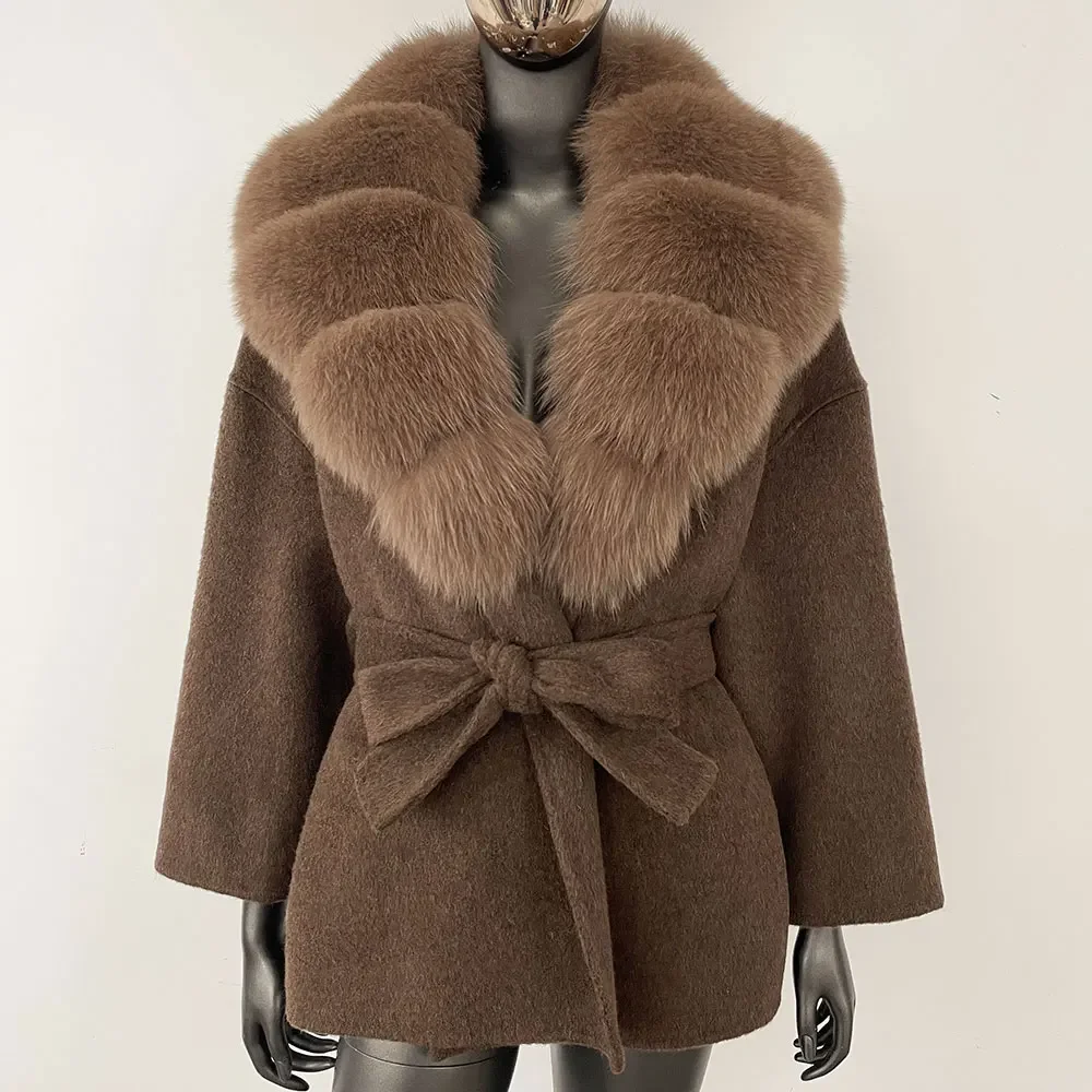Oftbuy casaco de pele de raposa de guaxinim real 2024 novo cinto bolso inverno misturas casaco de lã feminino solto outerwear jaqueta de pele casual streetwear